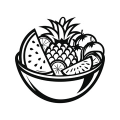 Fruit Bowl Icon Monochrome Pineapple, Watermelon, Orange Slices Still Life Drawing