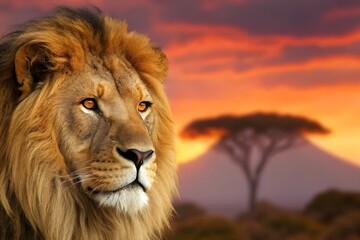 Obraz premium Majestic Lion Portrait With Golden Mane Against African Sunset Creating A Dramatic And Peaceful Wildlife Image, lion, lion portrait, african wildlife, wildlife, animal, mammal, predator, carnivore
