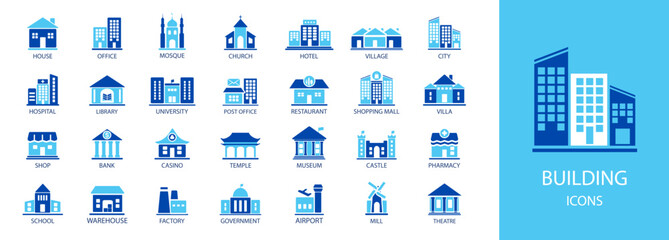 Set of building icons.  Hotel, pharmacy, hospital, apartament, library, city,  mall, collection. Simple vector illustration. 