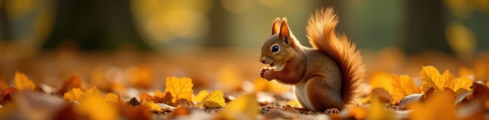 Fototapeta premium A fluffy rusty-brown squirrel foraging among autumn leaves in a Czech park , squirrel, seasonal, European