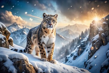 Fototapeta premium Majestic Snow Leopard Prowling Snowy Mountain Peaks - Wildlife Photography