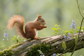 Obraz premium Eurasian Red Squirrel Sitting On Mossy Log Amidst Wildflowers Enjoying Its Food And Looking Towards Camera, red squirrel, eurasian red squirrel, sciurus vulgaris, squirrel, nature, wildlife, animal