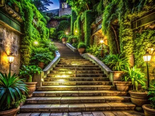 Obraz premium Majestic Stone Staircase with Lush Greenery - Night Photography Stock Photo