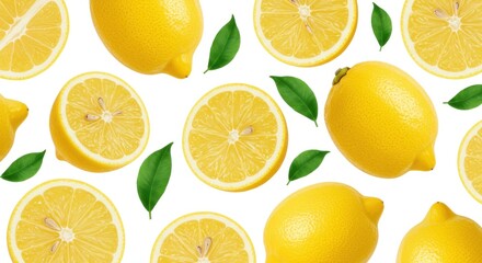A vibrant pattern of whole and sliced lemons with green leaves scattered on a white background surface