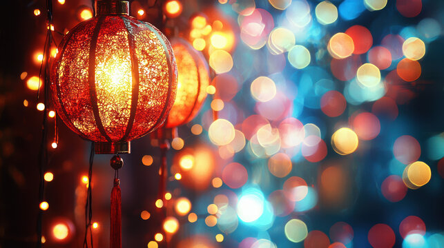 Illuminated red and gold Chinese lanterns hang against a backdrop of vibrant multicolored bokeh lights creating a festive and celebratory atmosphere perfect for holiday or cultural