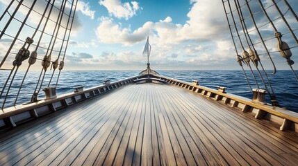 Obraz premium Wooden deck of a tall ship sailing on the ocean under a cloudy sky.