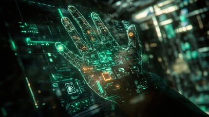 Digital hand overlayed on a screen displaying complex data and circuit board like patterns