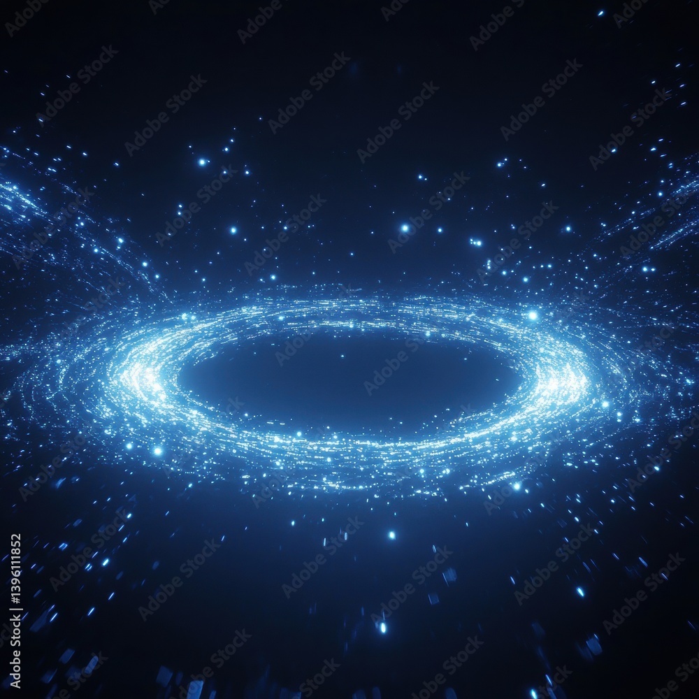 Wall mural bright light rays and floating particles in deep blue space, futuristic abstract style.