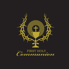 golden holy communion icon with chalice and thorn crown isolated on black background