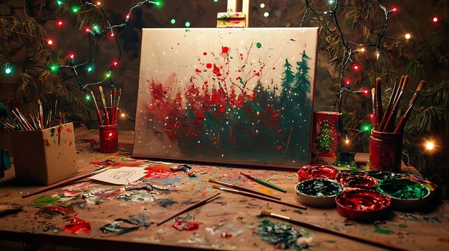 Christmas themed artists workspace scattered holiday sketches paintbrushes dipped red and green twinkling fairy lights surrounding canvas warm rustic charm