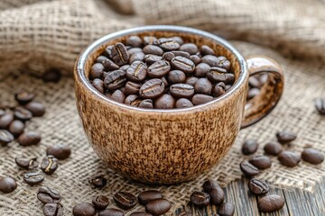Fototapeta premium Close up photography of coffee beans in a cup on a rustic wooden background with soft shadows