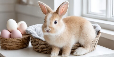 A small rabbit sits in a basket beside colorful Easter eggs, symbolizing the holiday's joy.