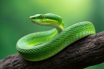 Fototapeta premium Emerald Tree Viper Resting Beautifully On A Branch Exotic Wildlife Nature Photography Snake Scales Green Tropical Rainforest Predator Venomous Reptile, green viper, snake, reptile, wildlife, nature