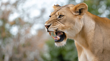 Fierce lioness snarling aggressively showing sharp teeth in profile view.
