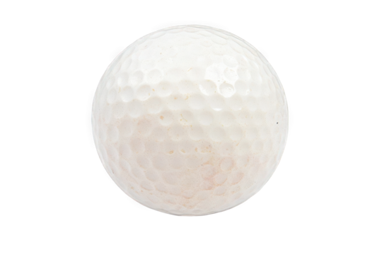 Close-up of a worn white golf ball on a plain background.