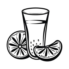 Glassware with Refreshing Liquid, Slices of Orange Fruit, Black and White Outlined Style