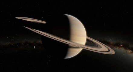 Saturn's Rings Illuminated in Space with Stars and the Milky Way.