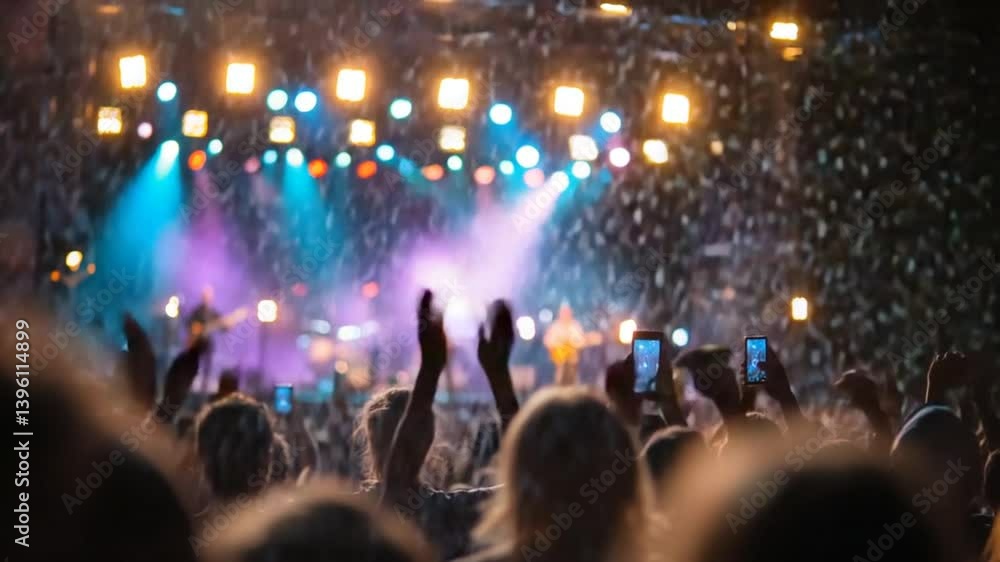 Poster crowd relishing a colorful concert with lights and confetti generative ai