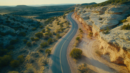 Aerial view of winding paved road through arid desert landscape.