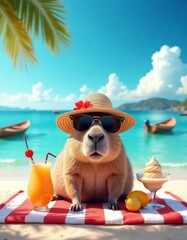 Sun-soaked capybara relaxing on a sunny beach