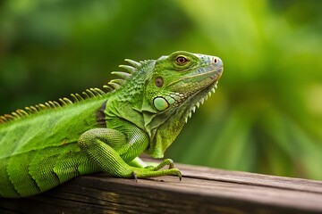 Obraz premium Captivating Green Iguana Profile On Wooden Surface With Lush Green Background Displaying Its Unique Scales And Spikes, green iguana, iguana, reptile, lizard, animal, exotic, nature, wildlife, scales