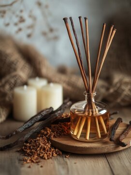 Vanilla and tobacco diffuser and candles surrounded by natural decor