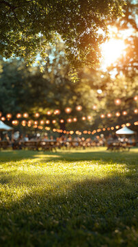 A sunlit outdoor event space features picnic tables under a canopy of trees with st lights illuminating a festive gathe in the background.