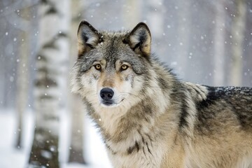 Obraz premium Majestic Gray Wolf Portrait In Snowy Birch Forest With Intense Gaze And Beautiful Winter Scenery Capturing Wildlife, gray wolf, wolf, canis lupus, winter, snow, birch trees, forest, wildlife, animal