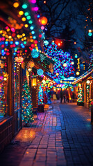 Obraz premium A charming cobblestone street glows with colorful Christmas lights illuminating festive shops and decorated trees creating a magical holiday atmosphere at night.