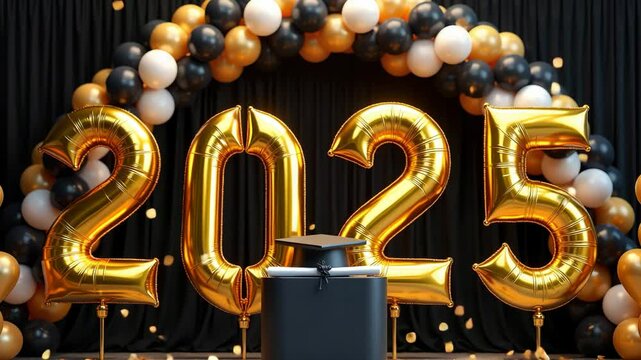 Golden 2025 balloon numbers with graduation cap and festive balloon arch on stage, celebrating academic achievement in elegant black and gold theme, 4K, motion
