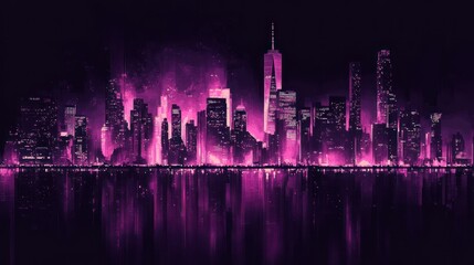 Pink neon city skyline night reflection futuristic artwork