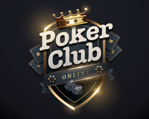 Elegant online poker club logo with a golden crown, dice, and playing cards. Premium black and gold design for gambling website, poker tournament, and casino branding