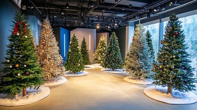Christmas themed product launch a corporate showroom beautifully decorated trees surrounding the stage