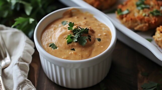 Classic New Orleans remoulade sauce a ceramic dish creamy and zesty served with crispy crab cakes