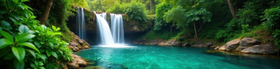 Obraz premium Crystal clear waterfall plunges into emerald pool nestled in vibrant jungle, foliage, sunlight