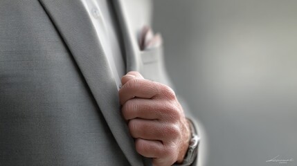 Close-up of adult caucasian male in gray suit adjusting pocket square