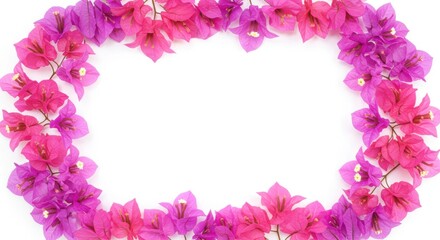 Bougainvillea flowers in pink and purple forming a frame on a white background for text or image