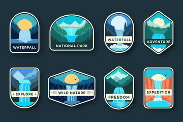 Nature badge pack with stylized waterfall landscape, forests, and sunsets