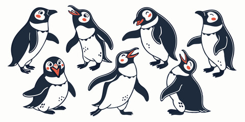 Cute Cartoon Penguins Illustration Playful Group of Penguins Black and White Animal Bird Wildlife Vector Hand Drawn Cheerful Happy Penguins Graphic Art Smiling Birds