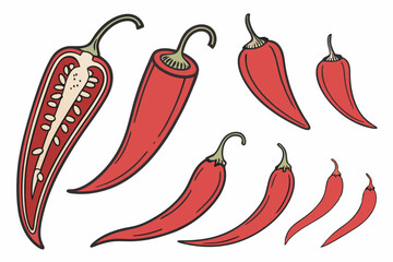 Red Chili Peppers Illustration with Cut Pepper and Seeds - Spicy Food Drawing