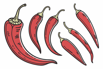 Hand Drawn Cartoon Outline Red Chili Peppers Vector Sketch Spicy Cooking Ingredient Food Vegetables Fresh Red Hot Culinary Graphic Design Illustration
