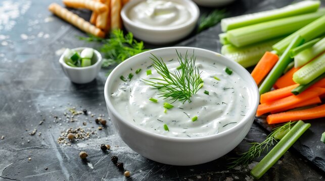 Classic ranch dip a white ceramic dish smooth and herby garnished with fresh dill served with crunchy vegetable sticks