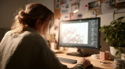 Caucasian female adult working on computer in cozy home office setting