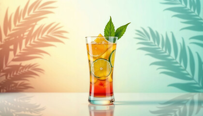 Citrus cocktail with orange, lime, umbrella, and straw on yellow background with palm leaf shadows. A glass of cold tasty aperitif with ice cubes. Vacation at a seaside resort