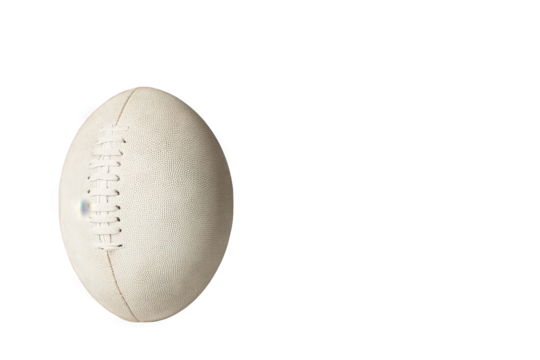 White rugby ball on a plain background, showcasing its unique shape and texture.
