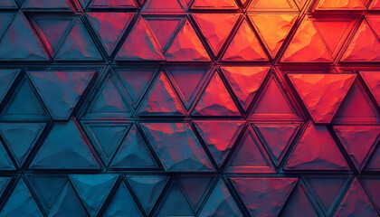 Abstract triangular pattern in vibrant red and blue lighting, creating a modern art piece.