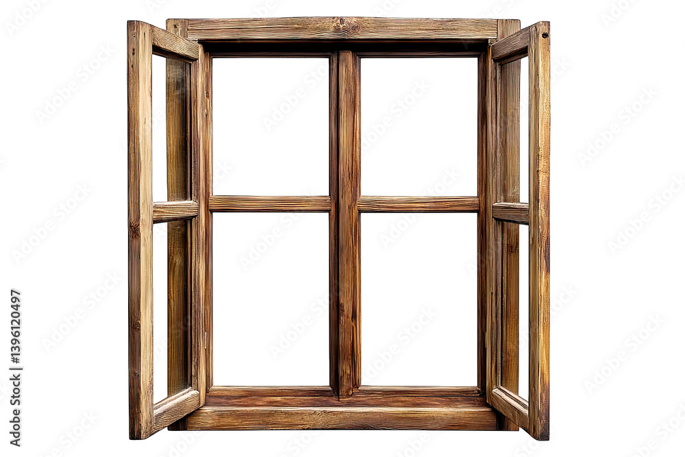 Poster a wooden window frame with open shutters showcasing a rustic design that invites natural light and v
