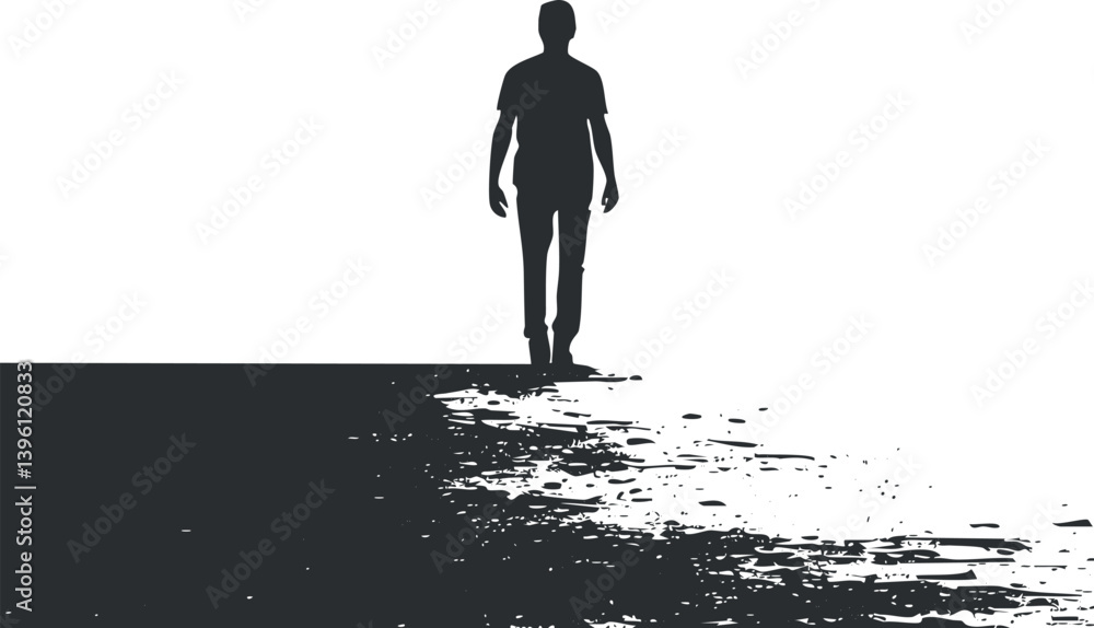 Poster a minimalist silhouette of a man walking on a textured surface representing a journey or exploration