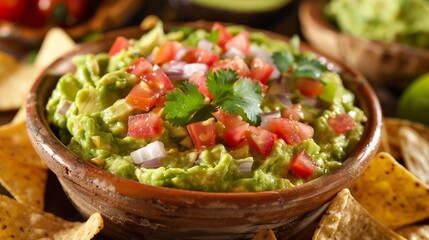 Close up of creamy guacamole dip a rustic bowl topped with diced tomatoes onions and cilantro served with crispy tortilla chips on a white background