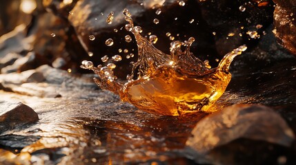 Close up of a golden liquid splashing against rocks creating a dynamic and reflective scene